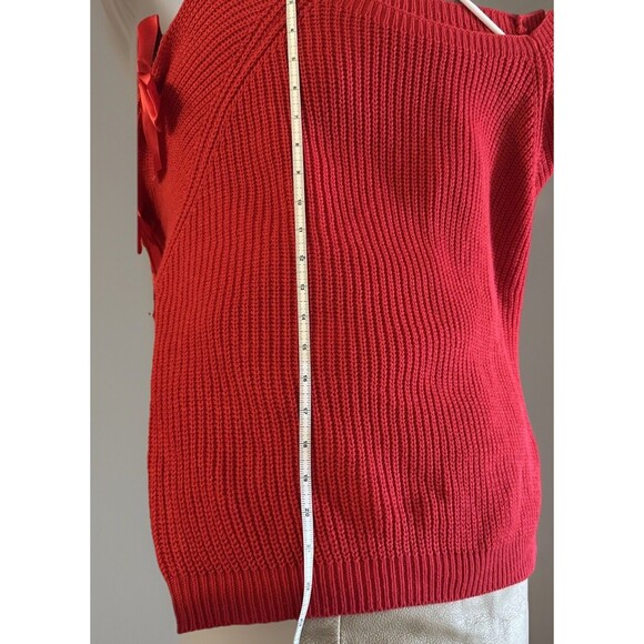 LADIES TIE BOW SLEEVE Red WOMEN SLIT RIBBON ARM KNITTED PULLOVER WARM TOP - Picture 6 of 7
